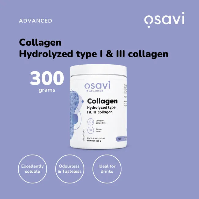 Osavi Hydrolysed Colllagen Peptides 300g Tub. Odourless and tasteless, excellently soluble, ideal for drinks.